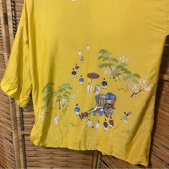 Vintage Yellow Japanese Happi Kimono Jacket Scenic Print one size orient Asian - Picture 7 of 11